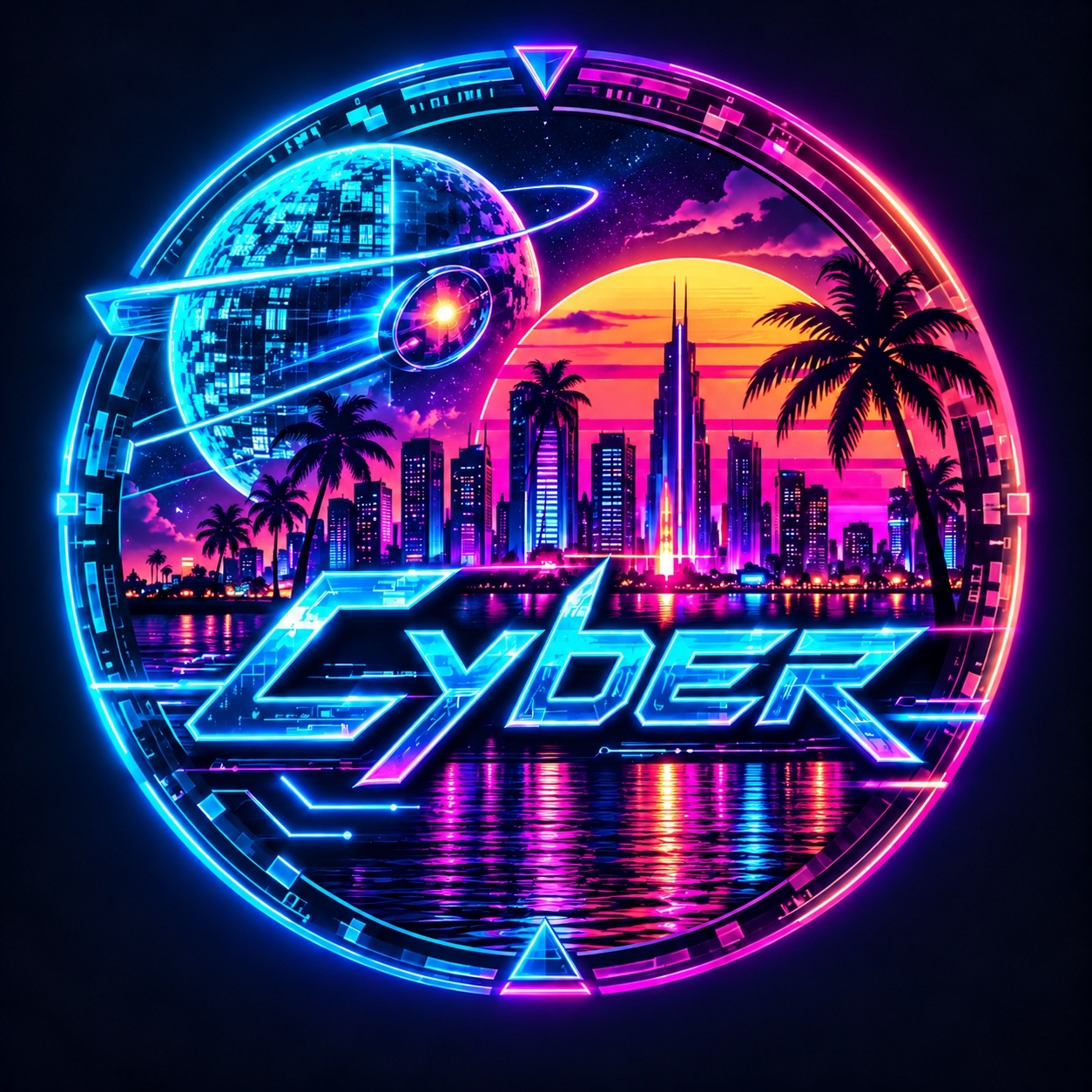 Cyber Coin neon city emblem
