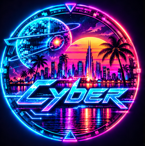 Cyber Coin emblem, neon metropolis and digital planet