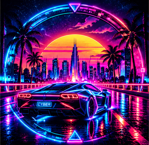 Cyber sports car driving through the neon metropolis