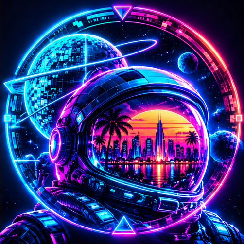 Cyber astronaut visor showing the neon skyline