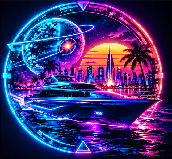 Cyber yacht sailing into the neon sunset