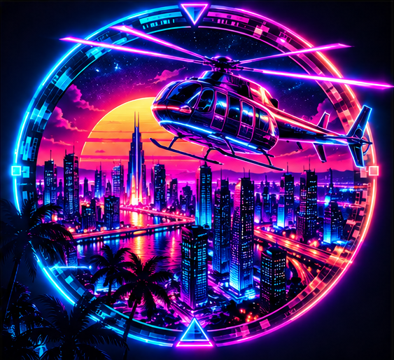 Cyber helicopter flying above the neon city